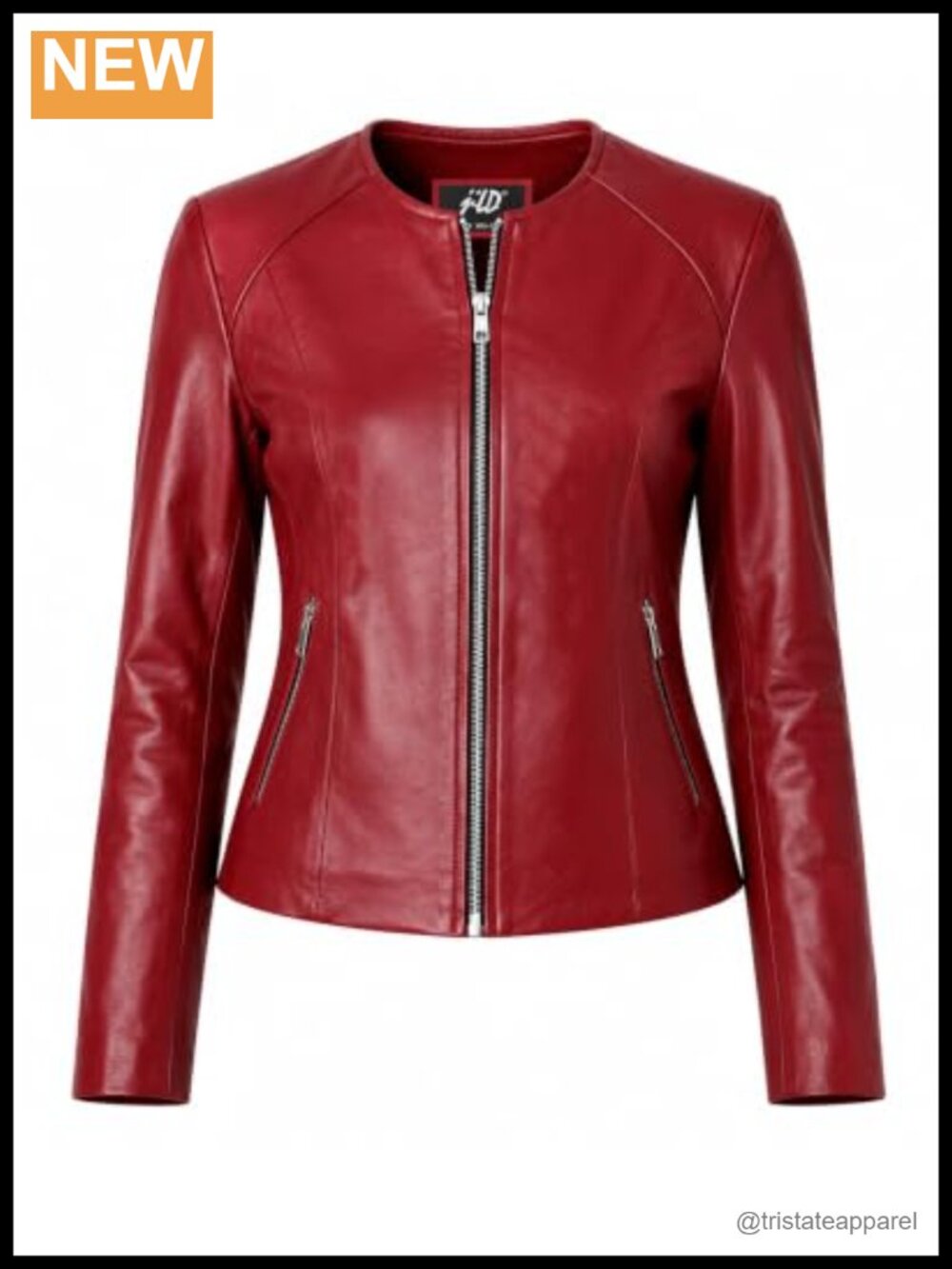 Women's Real Leather Jacket, Buttery Soft Lambskin, Slim Fit Round Neck, Front